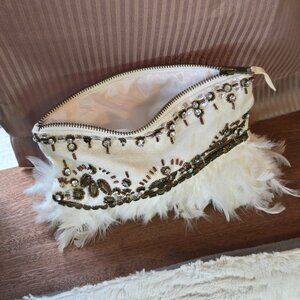 ANTHROPOLOGIE Linen Clutch Feather Rhinestone Made in India Shannon Tomanek